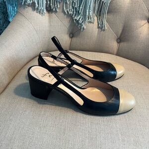 FSNY cap-toe sling back pump, Black and Beige, Gently Worn, Size 9.